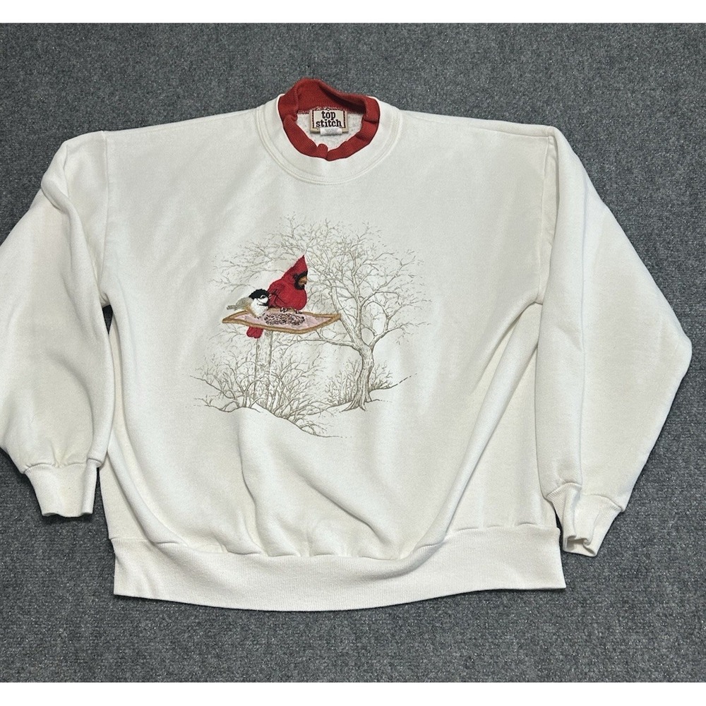 VTG Top Stitch Morning Sun Sweatshirt Womens L White Bird Cardinal Grannycore
